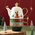 Set de Ceai, Embo, Tema Craciun, Ceainic 450 ml, 2 x Cani 250 ml, din Ceramica, Model Ren Merry Christmas, Alb/Verde - imagine 2