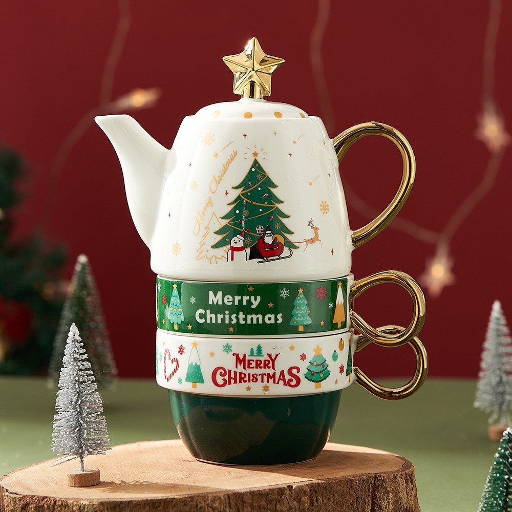 gold-plated-tea-set-ins-christmas-ceramic-teapot-amazon-hot-selling-special-christmas-gift-one-pot-a-main-684158611c406.jpg Set de Ceai, Embo, Tema Craciun, Ceainic 450 ml, 2 x Cani 250 ml, din Ceramica, Model Brad de Craciun, Alb/Verde - imagine 2