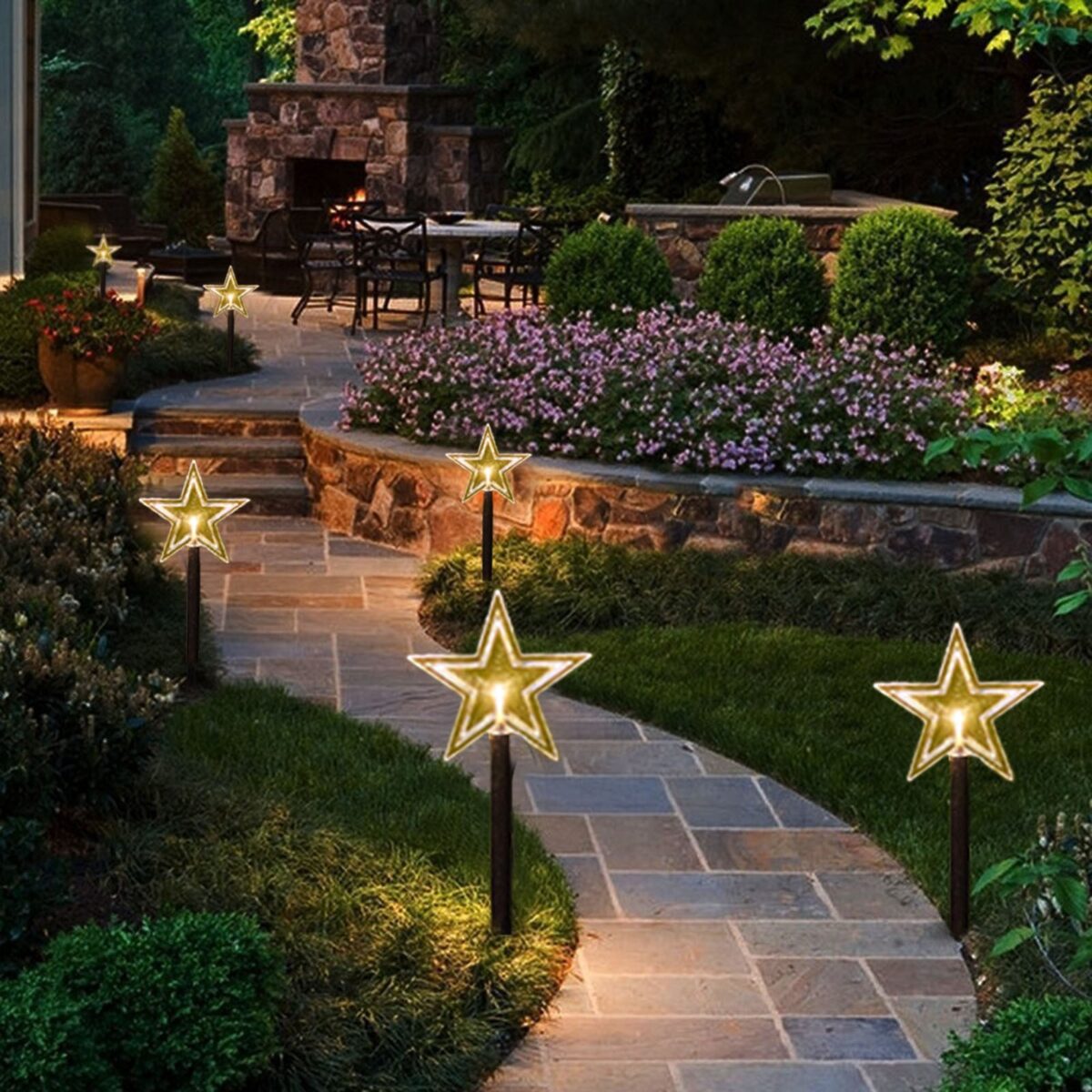 Set 5 Lampi solare LED de exterior Model Stea, pentru gradina, Embo, 35.5 cm, Alb Cald - imagine 5