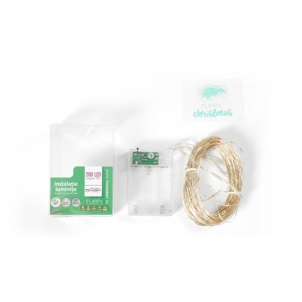 Instalatie de Craciun, Liniara, 20 m, Baterii, 200 LED-uri, Multicolor, 2 Jocuri de Lumini, Fir Cupru, Interior/Exterior, Embo - imagine 7