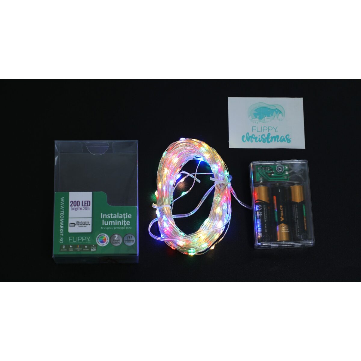 Instalatie de Craciun, Liniara, 20 m, Baterii, 200 LED-uri, Multicolor, 2 Jocuri de Lumini, Fir Cupru, Interior/Exterior, Embo - imagine 9