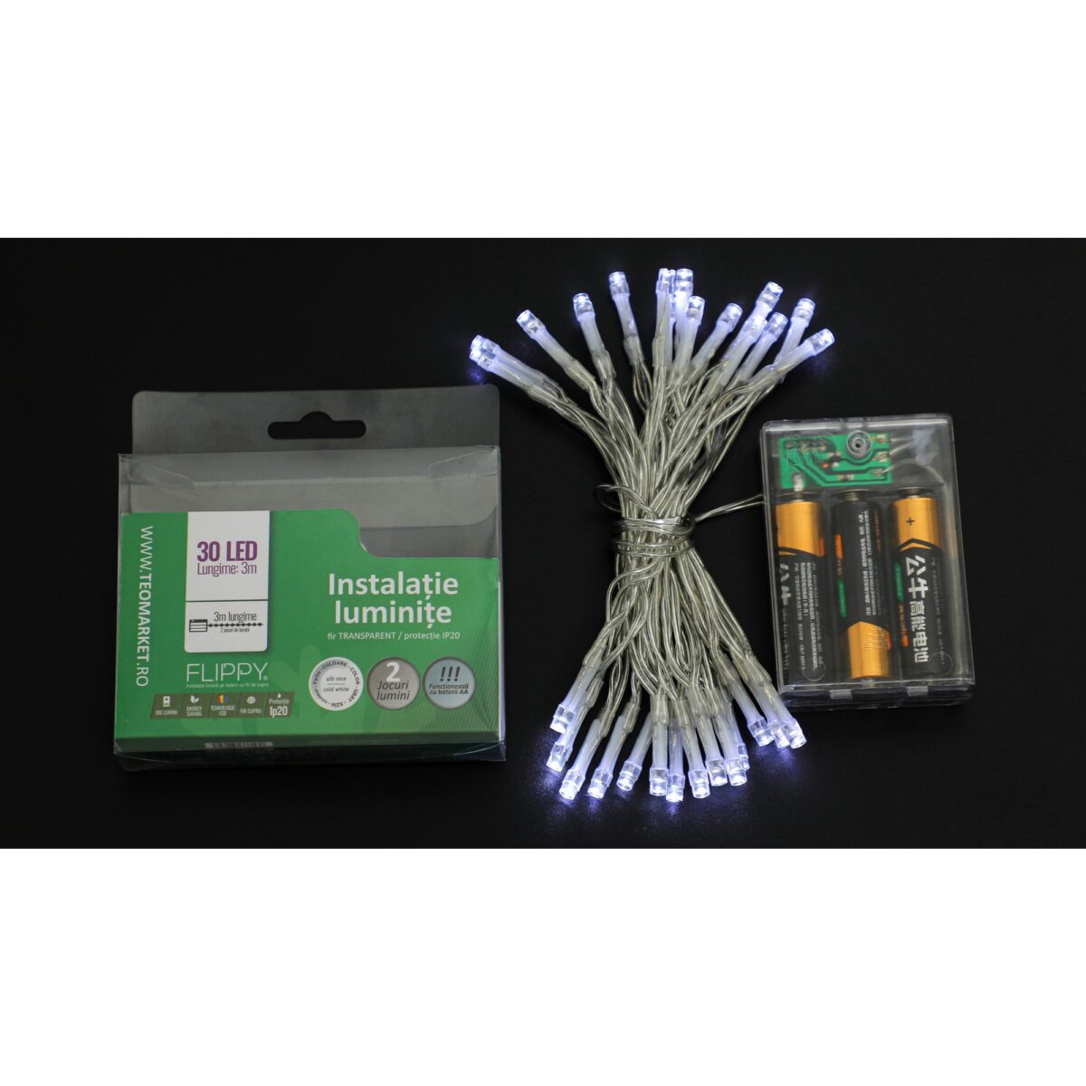 Instalatie de Craciun cu Baterii Tip Liniar, 2 jocuri de lumini, Fir Transparent 3 m 30 LED -uri, Alb Rece - imagine 6