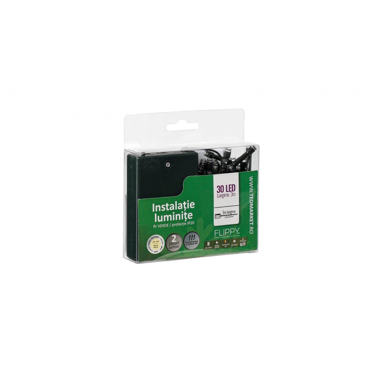 Instalatie de Craciun cu Baterii Tip Liniar, 2 jocuri de lumini, Fir Verde 3 m 30 LED -uri, Alb Cald - imagine 4