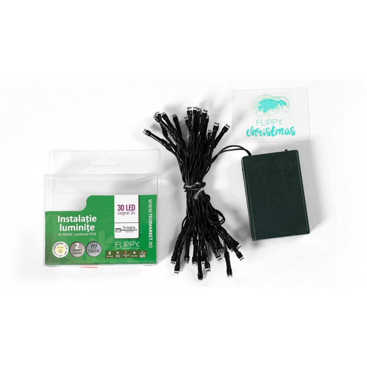 Instalatie de Craciun cu Baterii Tip Liniar, 2 jocuri de lumini, Fir Verde 3 m 30 LED -uri, Alb Cald - imagine 5