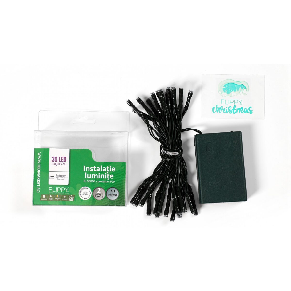 Instalatie de Craciun cu Baterii Tip Liniar, 2 jocuri de lumini, Fir Verde 3 m 30 LED -uri, Alb Rece - imagine 5