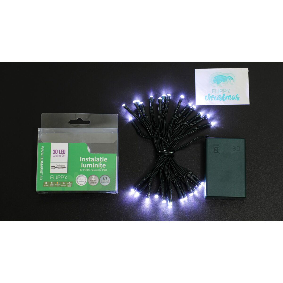 Instalatie de Craciun cu Baterii Tip Liniar, 2 jocuri de lumini, Fir Verde 3 m 30 LED -uri, Alb Rece - imagine 7