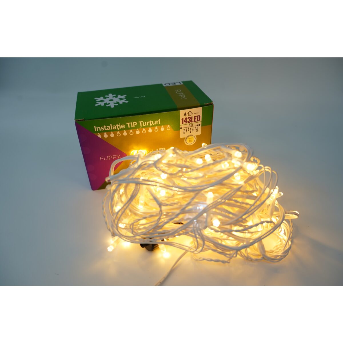 Instalatie de Craciun Embo® Tip Franjuri cu Flash, Sectiune 5 m, 143 LED-uri, Interconectabila, Fir Alb, Alb Cald - imagine 2