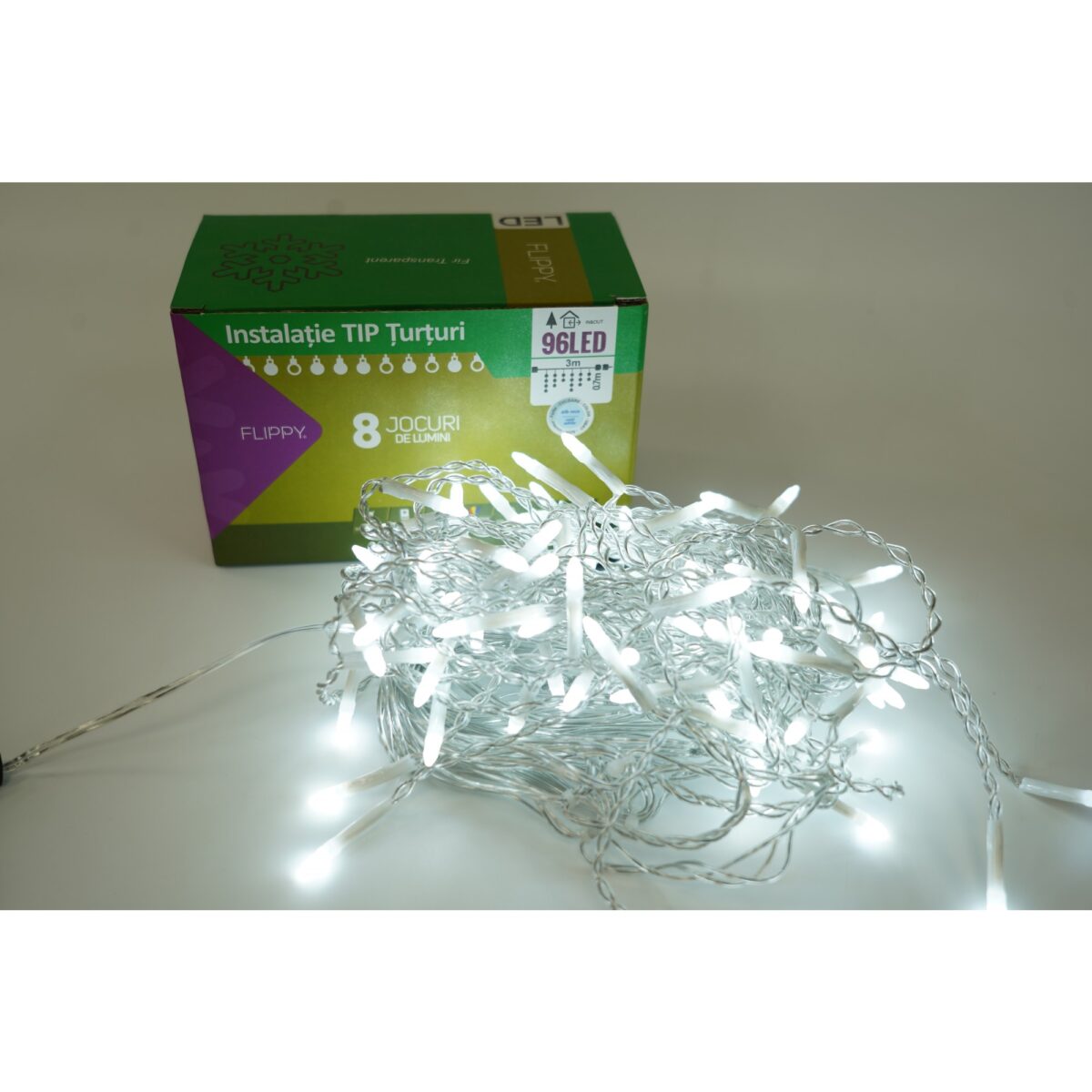 Instalatie de Craciun Embo® Tip Turturi, 8 jocuri de lumini Sectiune 3 m, 96 LED-uri, Interconectabila, Fir Transparent, Alb Rece - imagine 6