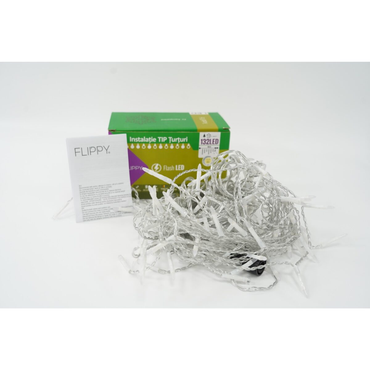 Instalatie de Craciun Embo® Tip Turturi, Franjuri cu Flash, Sectiune 4 m, 132 LED-uri, Interconectabila, Fir Transparent, Alb Cald - imagine 2