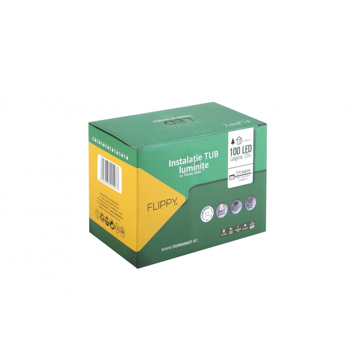 Instalatie luminoasa de Craciun cu LED, 100 LED-uri tip Tub, 12 metri lungime, 8 programe, 2 metri prelungitor, incarcare solara, alb cald, Embo - imagine 2