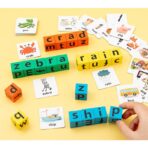 Joc cu Blocuri din Lemn, Embo, Formare Cuvinte, Cartonase cu Obiecte si Animale, Clopotel, Joc pentru 4 Persoane, 3 Ani+, 28x15.5x5 cm, Multicolor - imagine 15