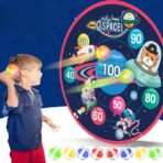 Joc Darts Embo pentru Copii, Placa Pliabila 36.5 cm, 8 Mingii Velcro/Scai Simple, 2 Mingii Luminoase, Model Spatiu, Albastru - imagine 3