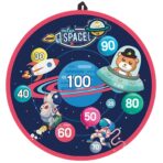 Joc Darts Embo pentru Copii, Placa Pliabila 36.5 cm, 8 Mingii Velcro/Scai Simple, 2 Mingii Luminoase, Model Spatiu, Albastru