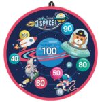 Joc Darts Embo pentru Copii, Placa Pliabila 36.5 cm, 8 Mingii Velcro/Scai Simple, 2 Mingii Luminoase, Model Spatiu, Albastru