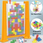 Joc de inteligenta Tetris puzzle tangram Embo, 70 de piese multicolore, 3D, montessori, interactiv, din plastic, zar inclus, sac depozitare piese, varsta peste 6 ani, 23 x 19.8 x 5 cm, cadru galben - imagine 3