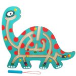 Joc Montessori cu Bile, Embo, Creion Magnetic, Tip Labirint, din Lemn, Model Brontozaur, 18x21 cm, Verde