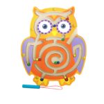 Joc Montessori cu Bile, Embo, Creion Magnetic, Tip Labirint, din Lemn, Model Bufnita, 18.5x17.5 cm, Portocaliu-Mov