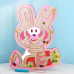 Joc Montessori cu Bile, Embo, Creion Magnetic, Tip Labirint, din Lemn, Model Iepuras, 19.5x15.5 cm, Roz - imagine 2