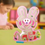 Joc Montessori cu Bile, Embo, Creion Magnetic, Tip Labirint, din Lemn, Model Iepuras, 19.5x15.5 cm, Roz - imagine 4