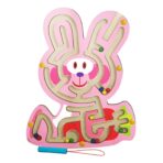 Joc Montessori cu Bile, Embo, Creion Magnetic, Tip Labirint, din Lemn, Model Iepuras, 19.5x15.5 cm, Roz