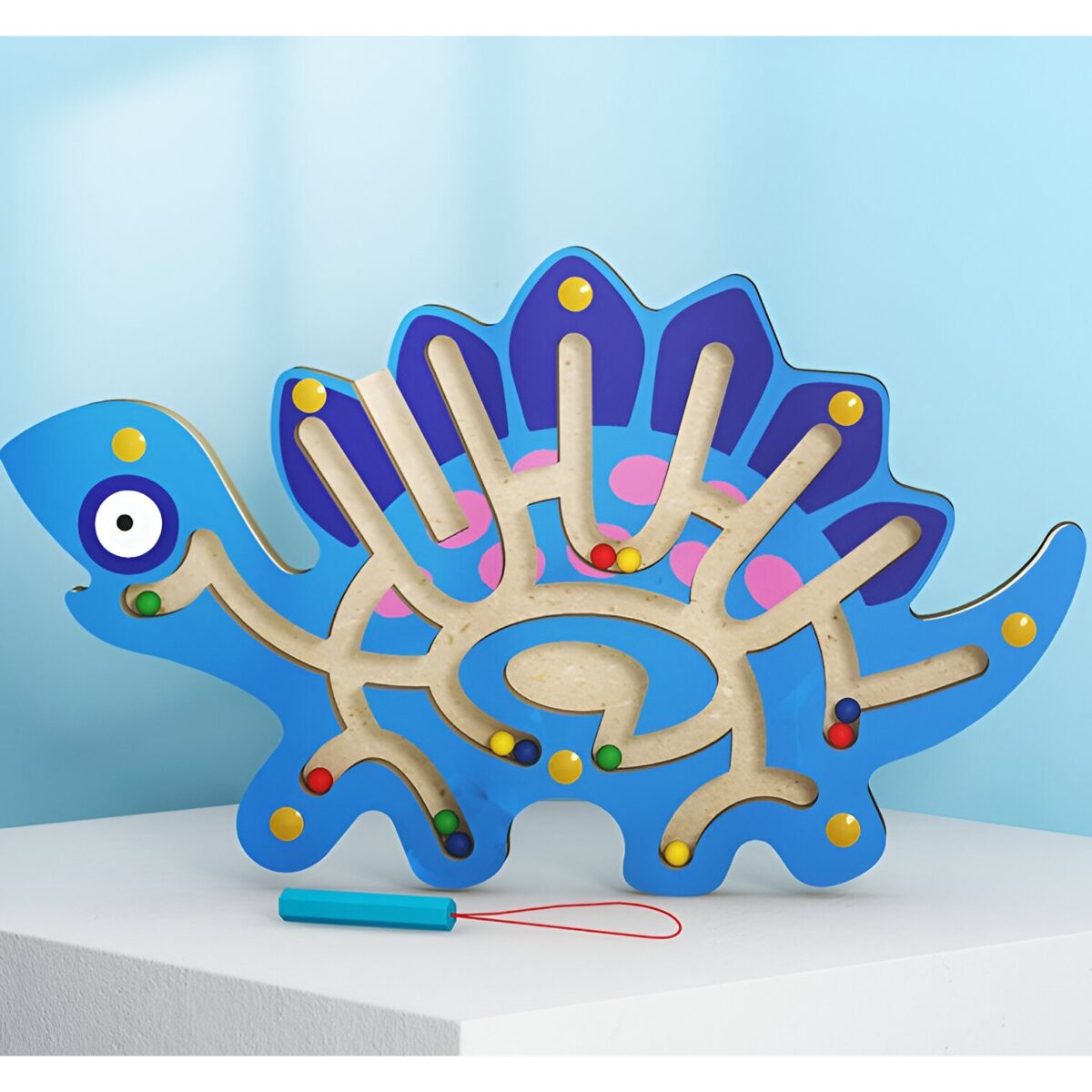 Joc Montessori cu Bile, Embo, Creion Magnetic, Tip Labirint, din Lemn, Model Stegozaur, 25x15.5 cm, Albastru - imagine 2