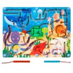 Joc Montessori de Sortare Culori, Embo, Creion Magnetic, Tip Labirint Ilustrat, din Lemn, Model Animale Marine, 39x29x1.5 cm