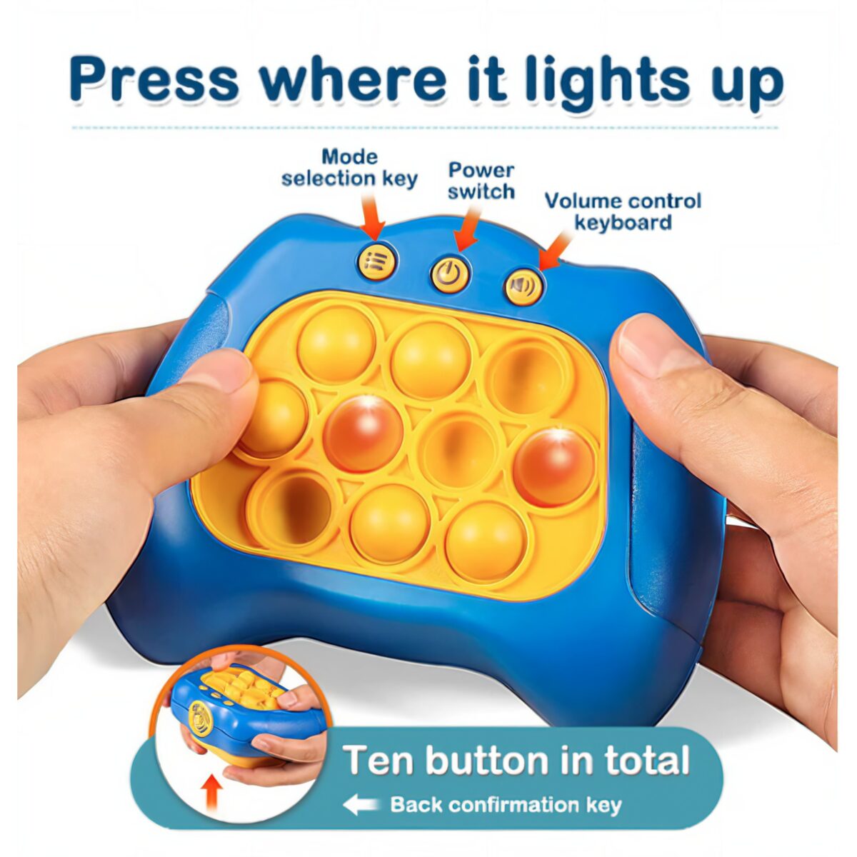 Joc Pop It, Embo, consola, joc interactiv, antistres, cu baterii, Abs si silicon, Albastru, 12 x 10 x 5.8 cm - imagine 6