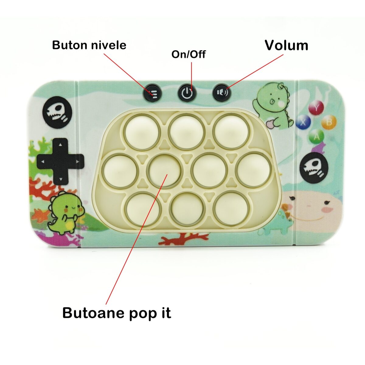 Jucarie interactiva tip consola pentru copii Embo, speed push whack-a-mole, joc de viteza pop it, material ABS/silicon, cu nivele, sunete si lumini, 15.5 x 7.6 x 5.3 cm, model dinozaur, verde - imagine 5