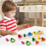 Jucarie Montessori din Lemn, Embo, Tip Puzzle, cu 5 Forme Asimetrice, 15 Piese, Educativa, Interactiva, Creativa, Model Copaci, Materiale Non Toxice, +2 Ani, 29x6.5 cm, Multicolor - imagine 6