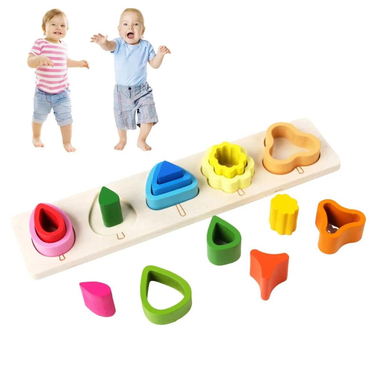 Jucarie Montessori din Lemn, Embo, Tip Puzzle, cu 5 Forme Asimetrice, 15 Piese, Educativa, Interactiva, Creativa, Model Copaci, Materiale Non Toxice, +2 Ani, 29x6.5 cm, Multicolor - imagine 8
