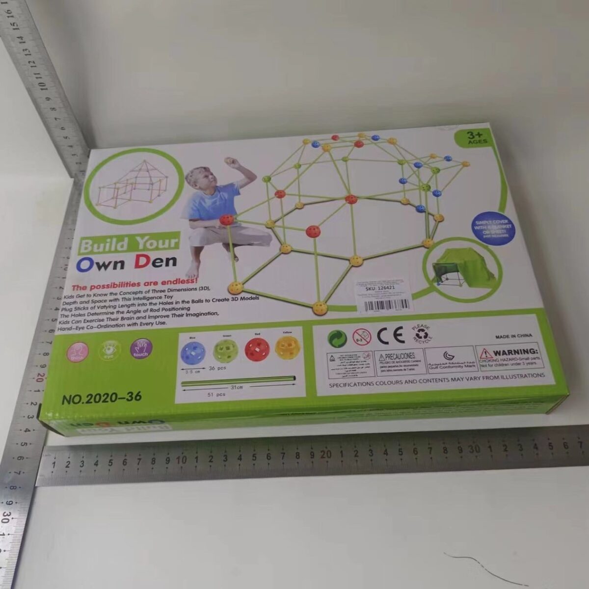 Kit de Constructie Fort 3D pentru Copii, Embo, 560 g, 36 Sfere, 51 Tije, Panza Verde Impermeabil, 3 ani, Educativ, Multicolor - imagine 2