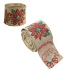 Panglica Decorativa pentru Craciun, Embo, Ornament pentru Brad de Craciun, Pretreceri, Panglica cu Design Floare Rosie si Merry Christmas, 200 x 6.3 cm, Khaki  - imagine 2