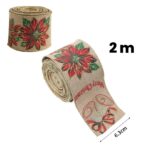 Panglica Decorativa pentru Craciun, Embo, Ornament pentru Brad de Craciun, Pretreceri, Panglica cu Design Floare Rosie si Merry Christmas, 200 x 6.3 cm, Khaki  - imagine 3