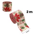 Panglica Decorativa pentru Craciun, Embo, Ornament pentru Brad de Craciun, Pretreceri, Panglica cu Design Conuri si Floare Rosie, 200 x 6.3 cm, Khaki  - imagine 3