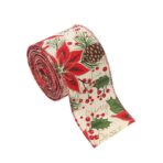 Panglica Decorativa pentru Craciun, Embo, Ornament pentru Brad de Craciun, Pretreceri, Panglica cu Design Conuri si Floare Rosie, 200 x 6.3 cm, Khaki 