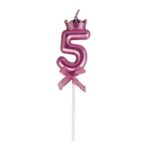 Lumanare Cifra 5, Embo, Model Coroana cu Fundita, Pentru Tort, 6 x 2.5 cm Mov