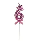 Lumanare Cifra 6, Embo, Model Coroana cu Fundita, Pentru Tort, 6 x 2.5 cm Mov