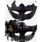 Set 2 Masti de Cuplu, Embo, pentru Carnaval, Bal Mascat, Marime Universala, Model Floare Laterala si Margele, Model Clasic, Negru texturat