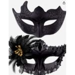 Set 2 Masti de Cuplu, Embo, pentru Carnaval, Bal Mascat, Marime Universala, Model Floare Laterala si Margele, Model Clasic, Negru texturat