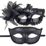 Set 2 Masti de Cuplu, Embo, pentru Carnaval, Bal Mascat, Marime Universala, Model Floare Laterala si Margele, Model Clasic, Negru Gri