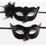 Set 2 Masti de Cuplu, Embo, pentru Carnaval, Bal Mascat, Marime Universala, Model Floare Laterala si Margele, Model Clasic Fluture, Negru