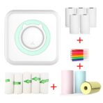 Mini Imprimanta Foto Portabila, Embo, 5 Role de Hartie Termica, 5 Role Autocolante, 3 Role Colorate, Pixuri, Incarcare USB, Model Pisica, Alb Verde - imagine 2