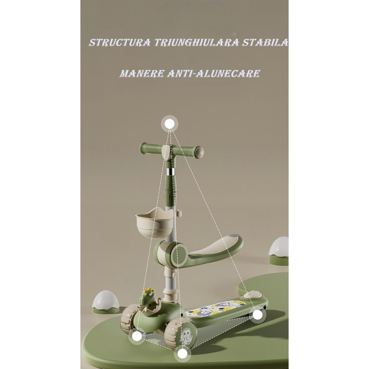 Trotineta Multifunctionala 3 in 1, Embo, pentru Copii, 1-7 Ani, cu Lumini si Muzica, Reglabil 360, Pliere Usoara, Reglarea Inaltimii, Model Dinozaur, Bej/Verde - imagine 2