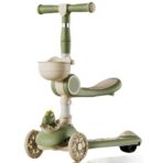 Trotineta Multifunctionala 3 in 1, Embo, pentru Copii, 1-7 Ani, cu Lumini si Muzica, Reglabil 360, Pliere Usoara, Reglarea Inaltimii, Model Dinozaur, Bej/Verde