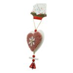 Ornament de brad broderie cu inima, Embo, roz, lemn, 18 cm