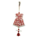 Ornament de brad clopotel din tweed, Embo, alb/rosu, lemn, 18 cm