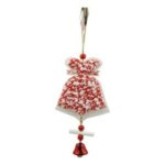 Ornament de brad clopotel din tweed, Embo, alb/rosu, lemn, 18 cm