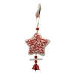 Ornament de brad stea din tweed, Embo, alb/rosu, lemn, 18 cm - imagine 2
