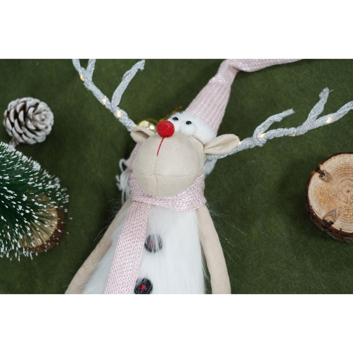 Ornament de Craciun ren cu picioare telescopice, Embo, roz/alb, textil, 72 cm - imagine 5