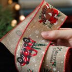 Panglica de Craciun pentru Decor Brad, Embo, Panglica Decorativa de Craciun pentru Funde, Imprimeu Pick-Up Merry Christmas, 200 x 6.3 m, Khaki Rosu - imagine 3